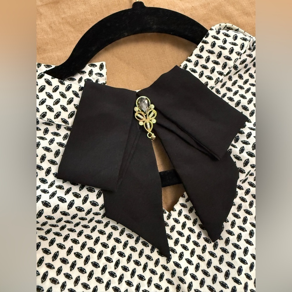 Black and White Patterned Blouse with statement Bow - Picture 7 of 11